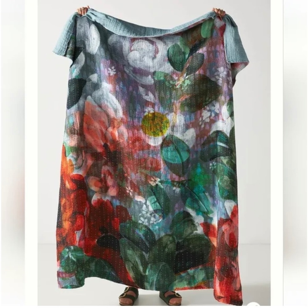 Anthropologie Zula Throw Warm 60x70 Watercolor Floral Kantha‎ Stitch Blanket